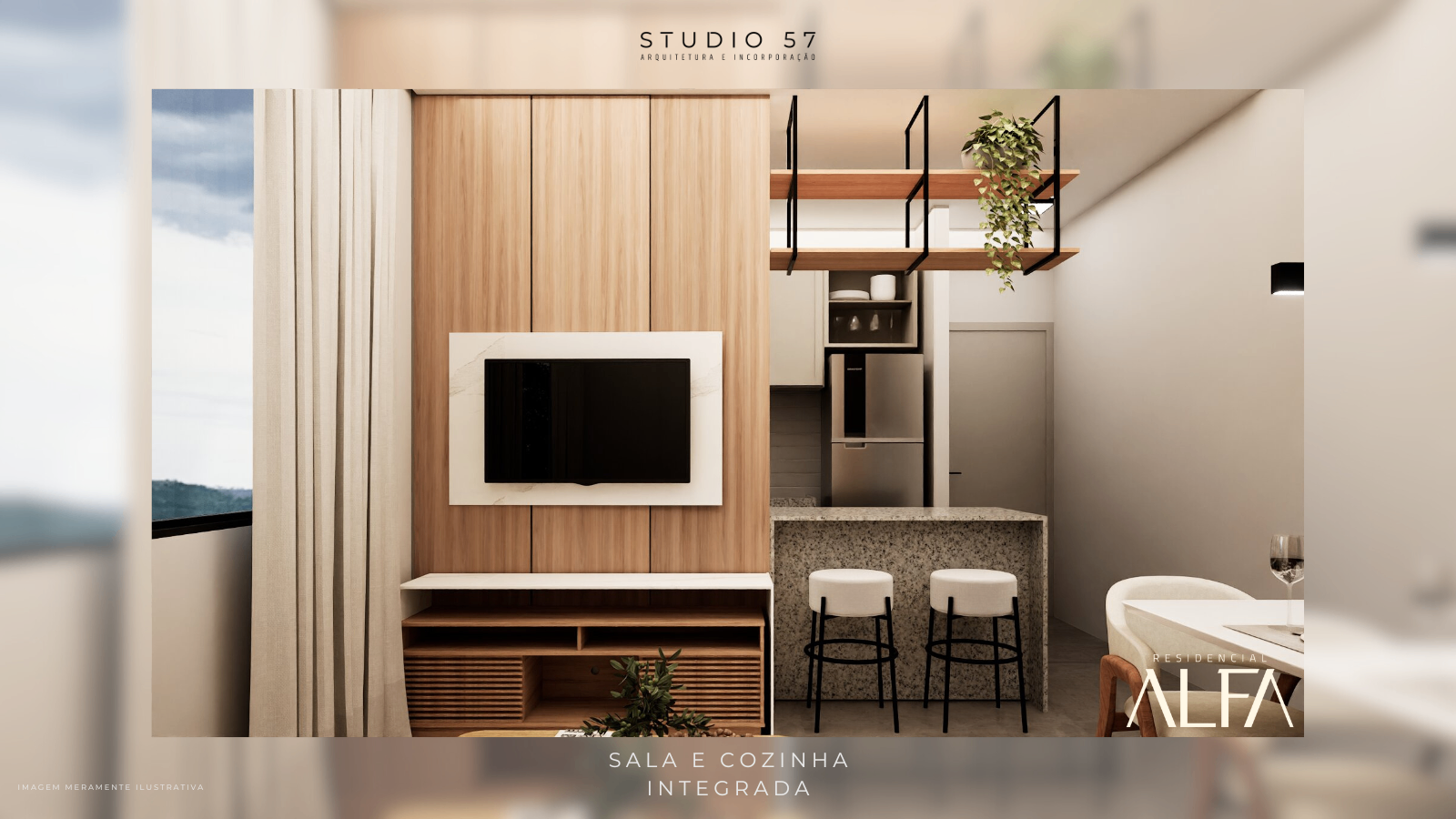 Vista da sala de TV e cozinha